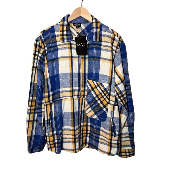 BoohooMAN 1/2 Zip Pullover Flannel Shirt Men’s L Heavy Brushed Overshirt Jacket - Picture 2 of 13
